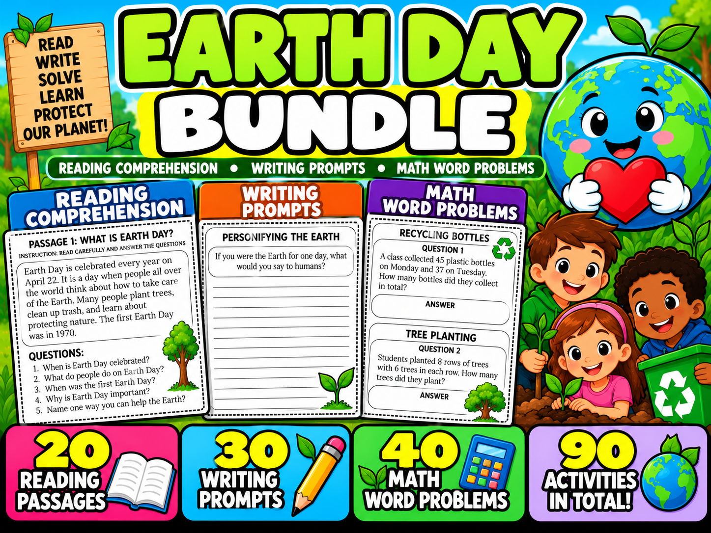 Earth Day Bundle | Reading Comprehension, Writing Prompts and Math