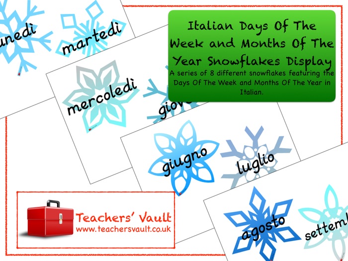 Italian days of the week and months of the year snowflakes display