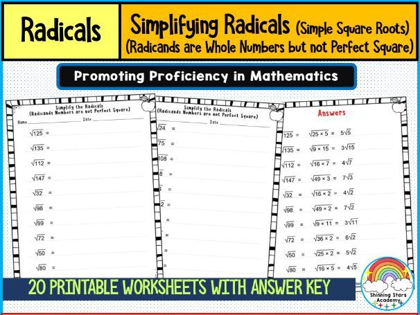 Simplifying Radicals – Simple Square Roots (Radicands Are Whole Numbers but Not Perfect Squares) Wor
