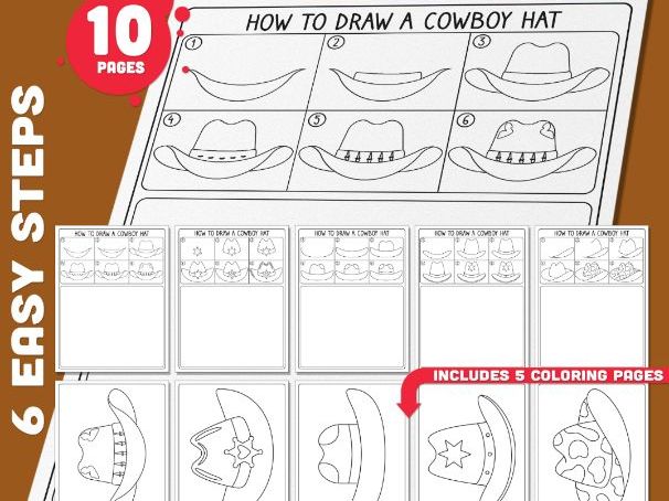 How to Draw a Cowboy Hat, Directed Drawing Activity, Printable 6-Step Art Lesson for Kids