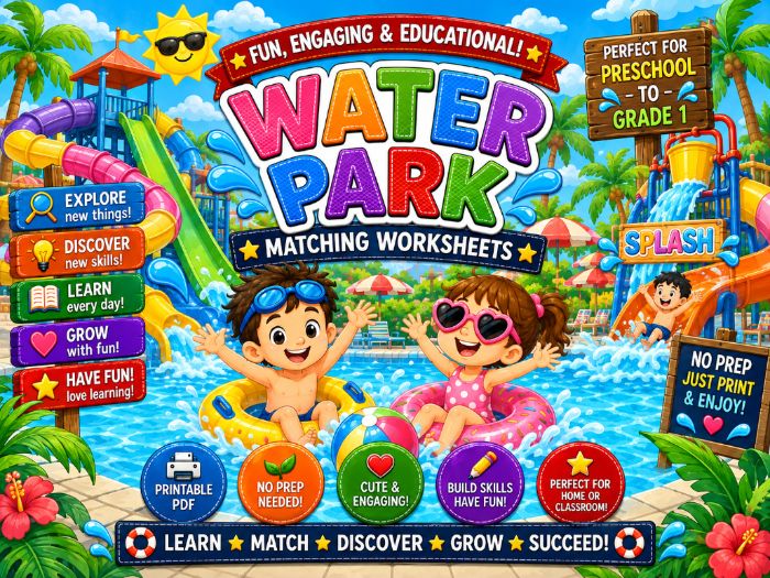 Water Park Matching Worksheets | Summer Math & Literacy Activities | Preschool–Grade 1