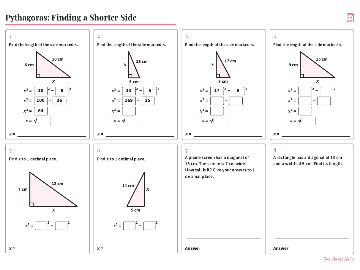 Pythagoras Shorter Side Worksheet GCSE