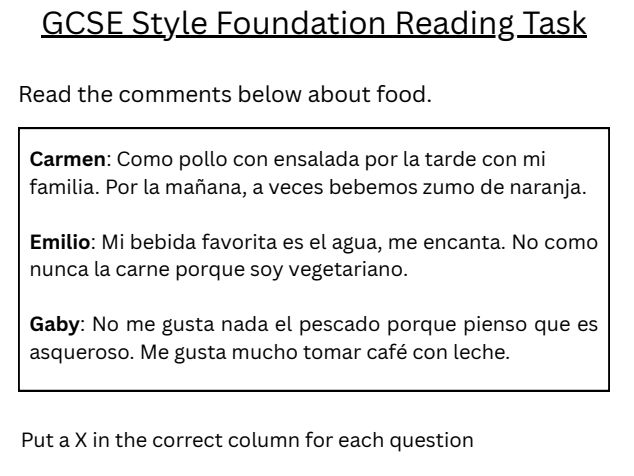3 Edexcel GCSE Spanish foundation reading question 1 style practice tasks