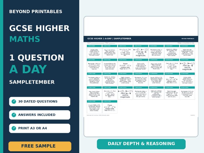 FREE GCSE Higher Maths 1-a-Day Sample | Daily Reasoning | Answers | A3/A4