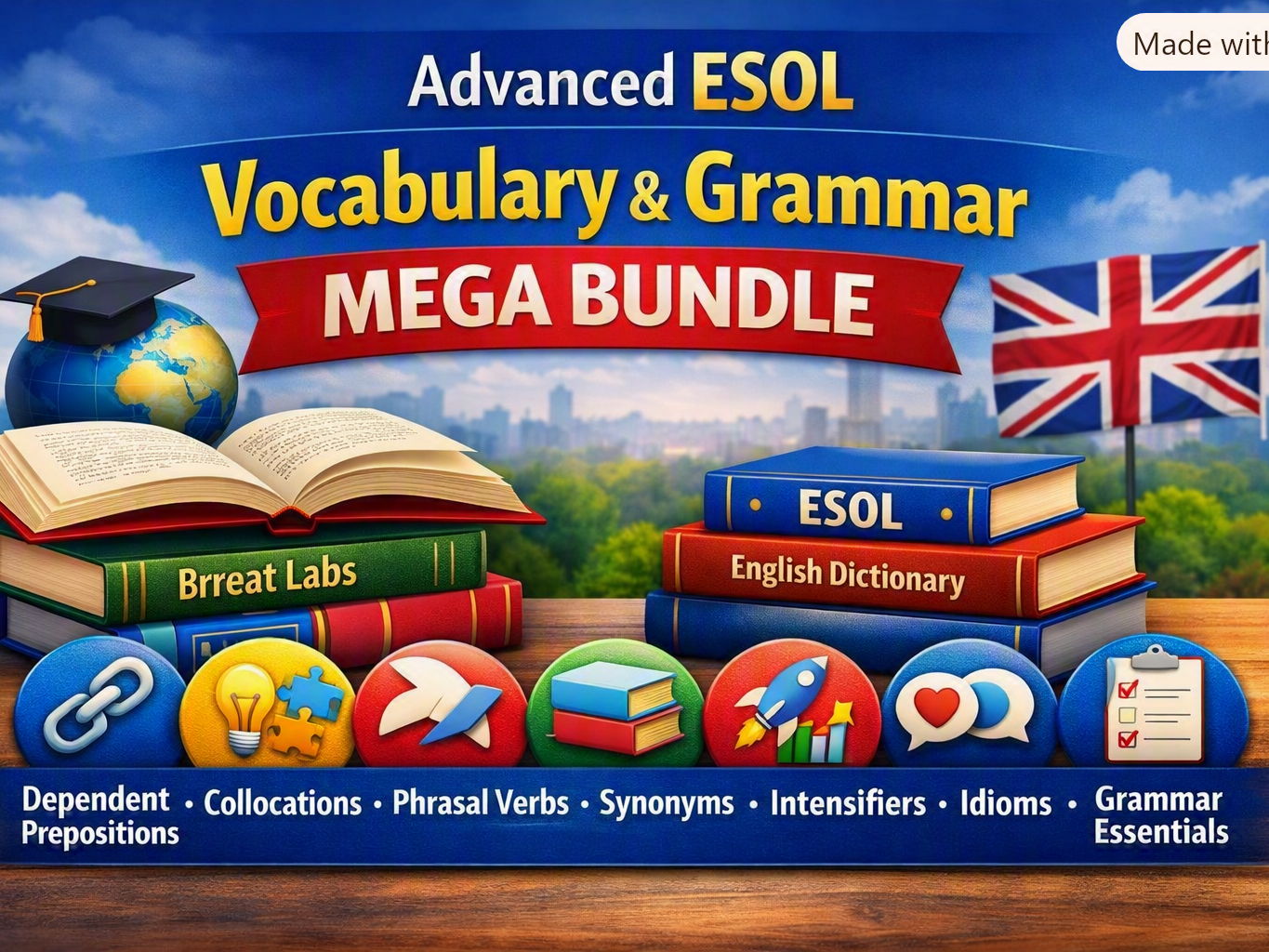 Advanced ESOL & IELTS Vocabulary & Grammar Mega Bundle   Dependent Prepositions • Collocations • Phrasal Verbs • Synonyms • Intensifiers • Idioms • Grammar Essentials