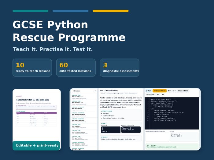 GCSE Python Programming Rescue Programme – 10 Lessons, Auto-Marked Tutor, Workbook and Assessments
