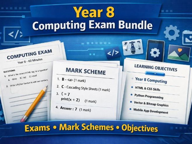 Complete KS3 Computing Year 8 Exam Pack with Mark Schemes and Objectives – Ready to Assess