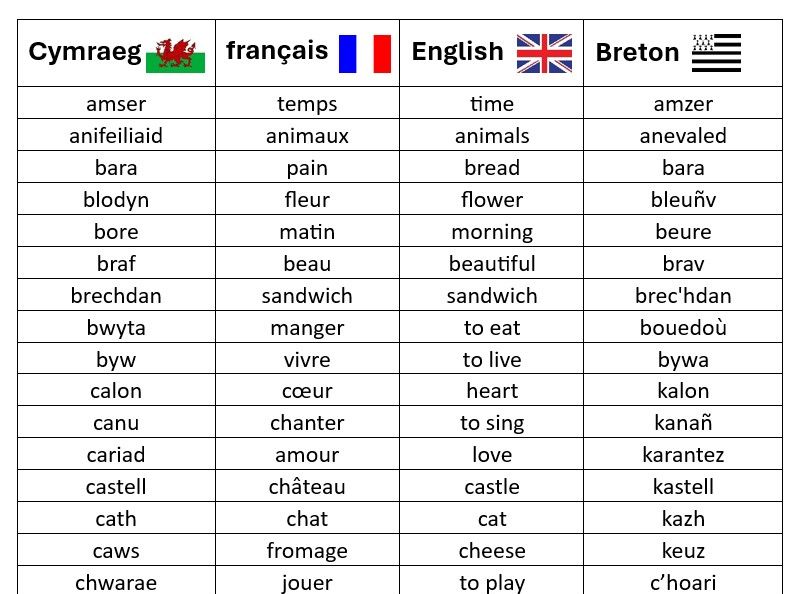 Cymraeg, French, Breton, English cognate list for classroom