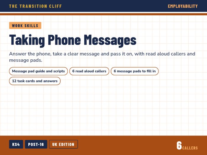 Taking Phone Messages for SEND Employability: Message Pads, Scripts and Task Cards (UK)