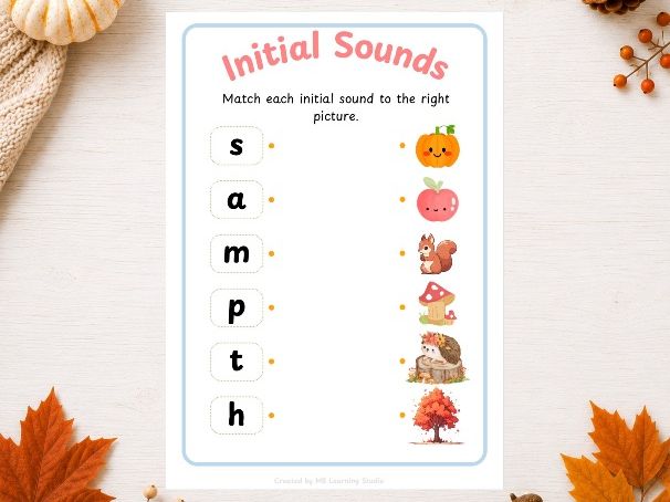 Autumn/Fall Initial Sounds Matching Worksheet | Phonics | EYFS, KS1, Pre-K to 1st Grade