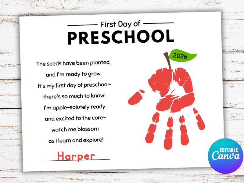 First Day of Preschool Apple Handprint Craft, Back To School Keepsake Art