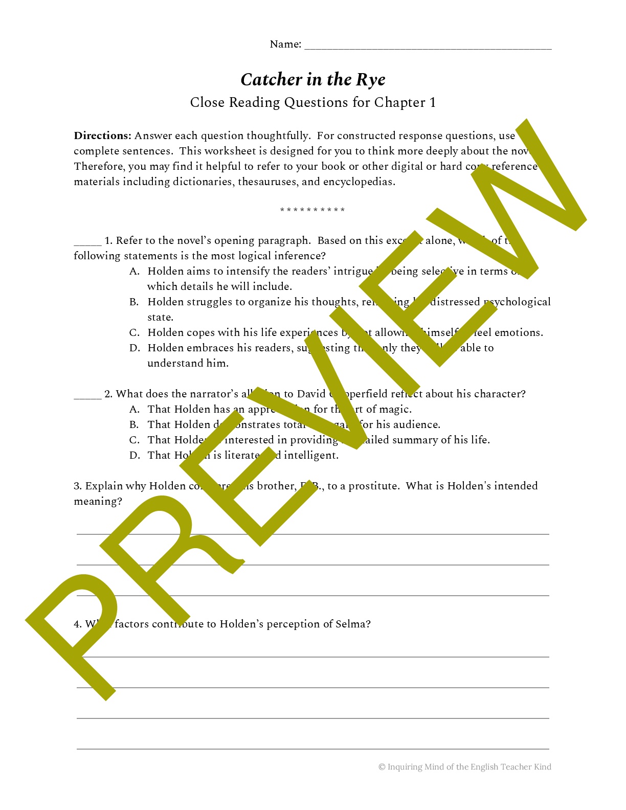 Catcher in the Rye Close Reading Worksheet for Chapter 1 Teaching