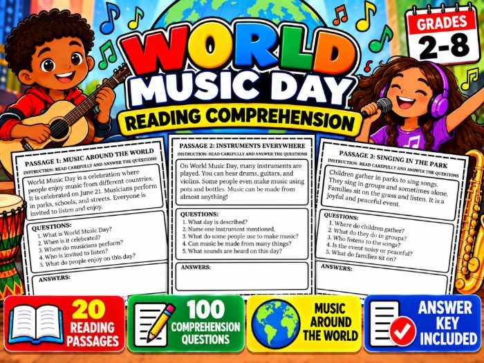 World Music Day Reading Comprehension | 20 Passages & 100 Questions | Grades 2–8
