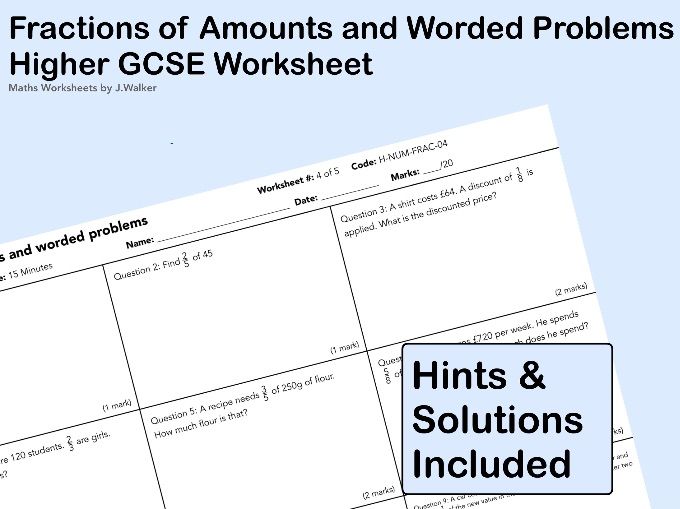 GCSE Maths Worksheet: Fractions of an Amount and Worded Problems - Higher Tier