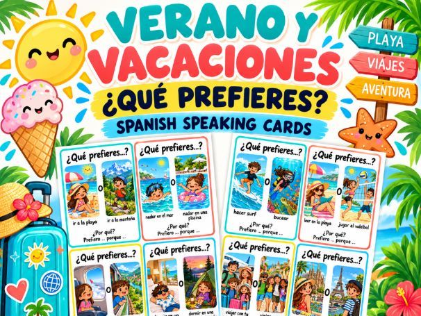 Spanish Summer & Holidays Speaking Cards | ¿Qué prefieres? | 24 Illustrated Cards