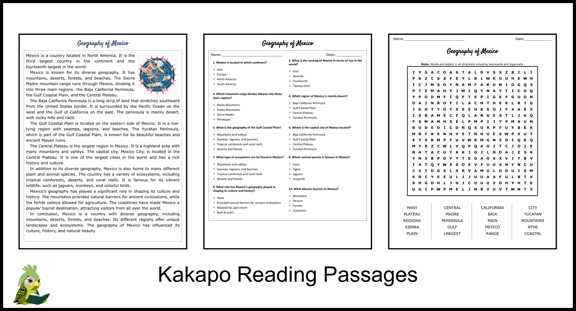 Geography of Mexico Reading Comprehension and Word Search Teaching