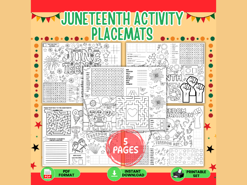 Juneteenth Activity Placemats for Kids | Juneteenth Coloring & Puzzle Worksheets for Elementary Stud