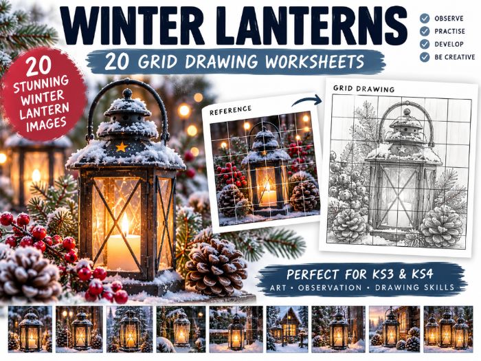 Winter Lanterns Grid Drawing Worksheets | 20 Winter Art Activities | KS3 KS4 Art