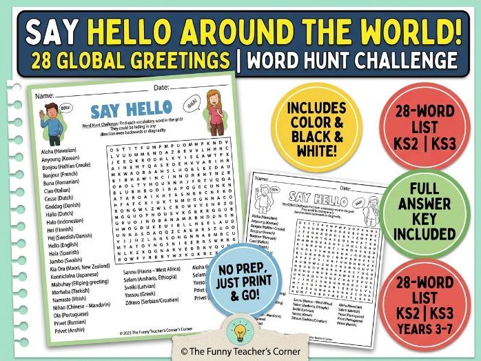 Say Hello Word Search | World Languages & Greetings Activity | KS2 KS3 Years 3 to 7