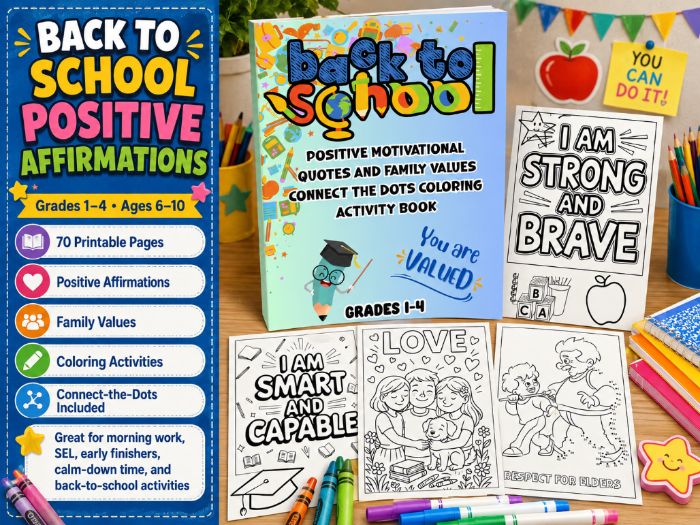 Back to School Positive Affirmations & Family Values Activity Book | Grades 1–4, Motivational Color