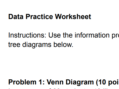 Venn diagram, tree diagram and two way table worksheet