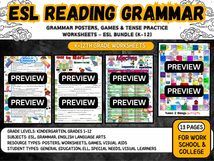 Grammar Posters Games & Tense Practice Worksheets  ESL Bundle