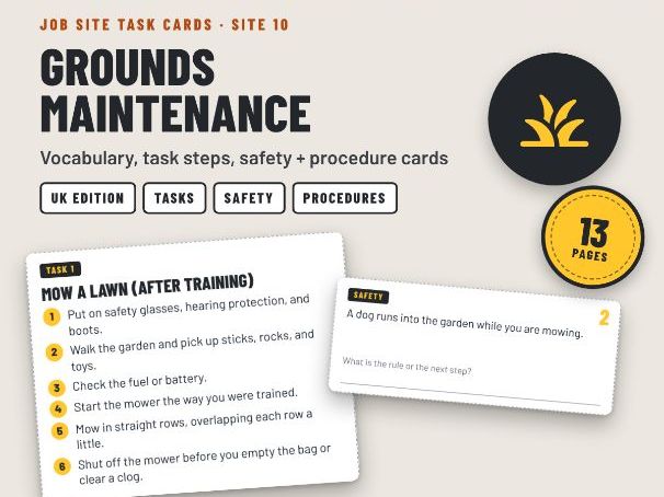 Grounds Maintenance Job Skills Task Cards: Mowing, Mulch + Sun Safety - SEND Post-16 (UK)