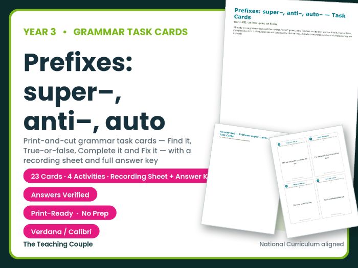 Year 3 Prefixes: super–, anti–, auto– Grammar Task Cards + Answer Key
