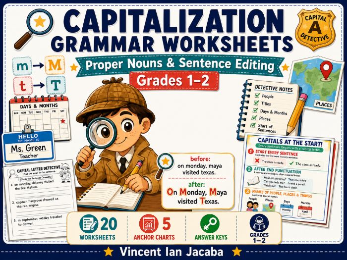 Capitalization Grammar Worksheets Grades 1–2 | Proper Nouns & Sentence Editing
