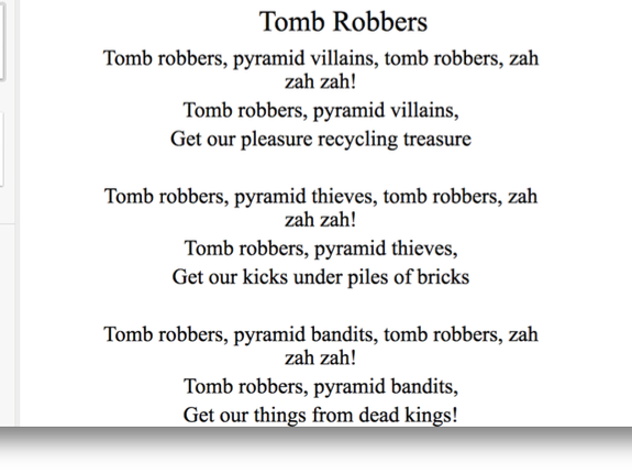 Tomb Robbers: a catchy song set in Ancient Egypt. Comes with a full, vocal and backing track