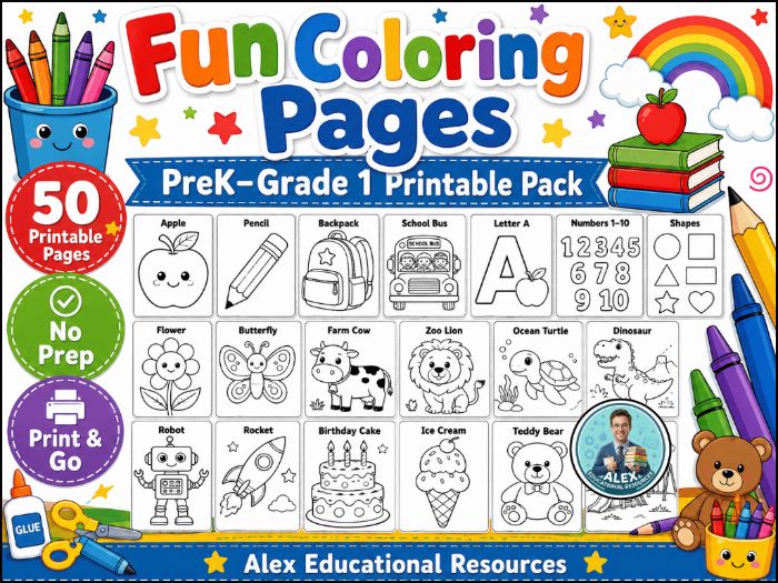 Fun Coloring Pages for PreK Kindergarten 1st Grade | 50 No Prep Printable Worksheets