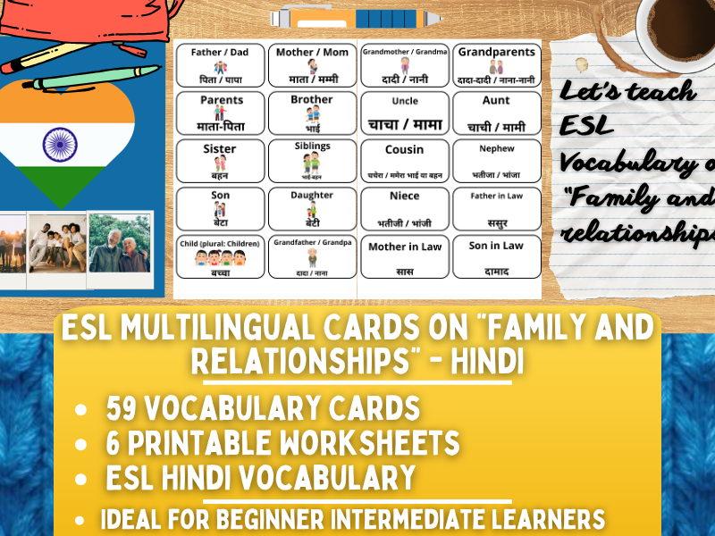 ESL Multilingual Vocabulary Flashcards - Family & Relationships - Hindi