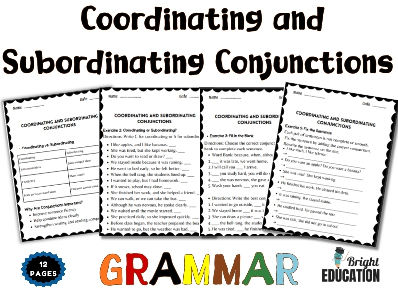 Coordinating and Subordinating Conjunctions Grammar Activity