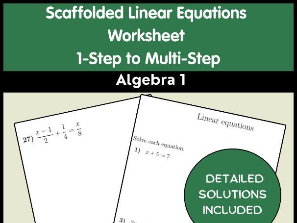 Scaffolded Linear Equations Worksheet | 1-Step to Multi-Step | Algebra 1