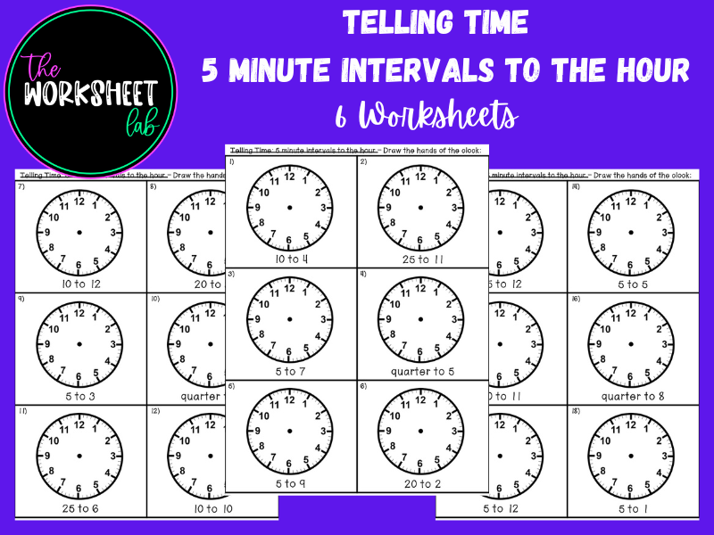 Telling Time: 5 Minute Intervals to the Hour Worksheets
