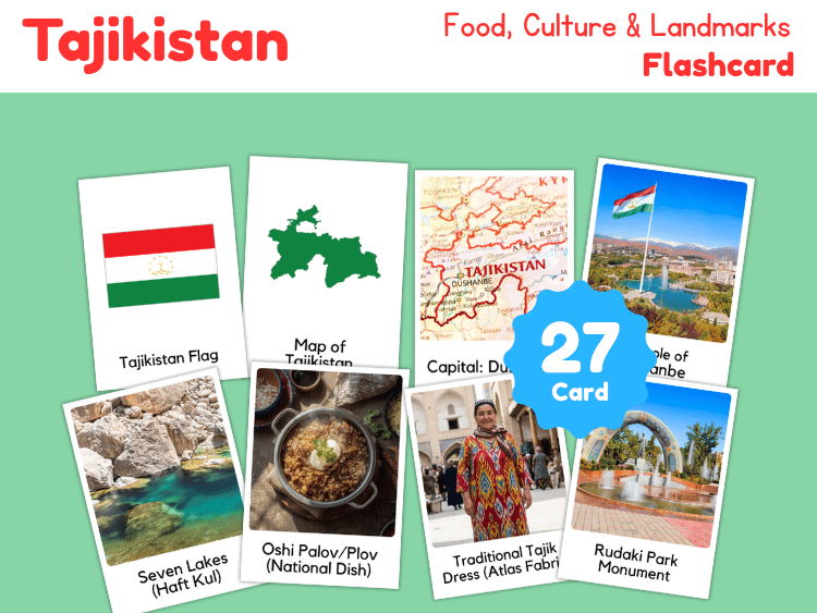 Tajikistan Geography Flashcards | 27 Printable Country Study Cards