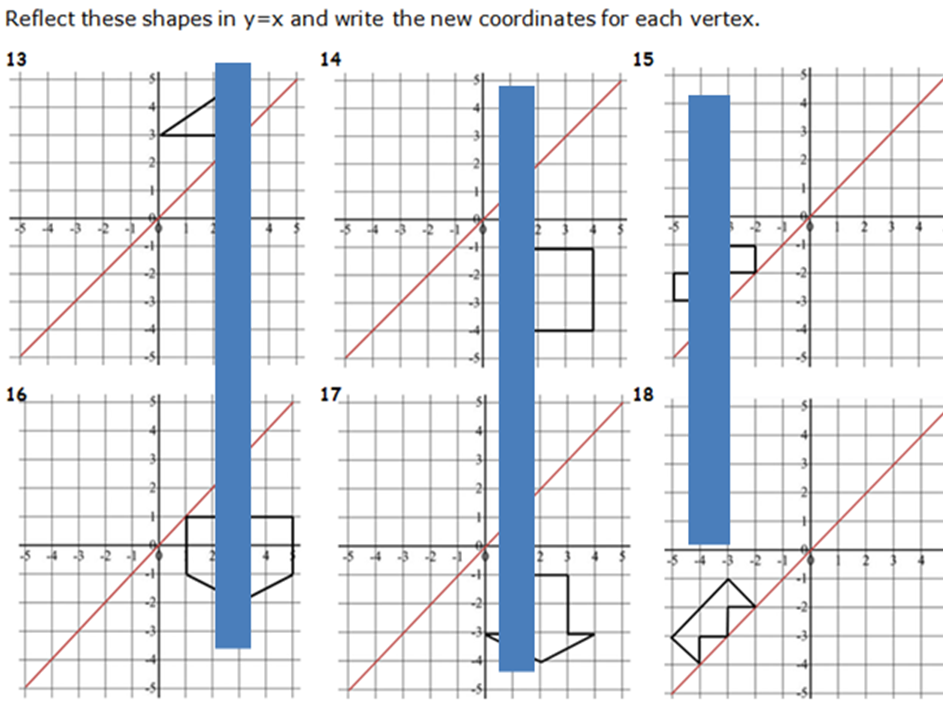 KS2 YEAR 6 REFLECTIONS OF SHAPES IN X, Y, Y=X AND Y=-X FOR CHALLENGE. WORD AND PDF. GREAT PRACTICE.