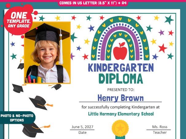 Editable Kindergarten Diploma, Printable Awards with Photo and No-Photo Options