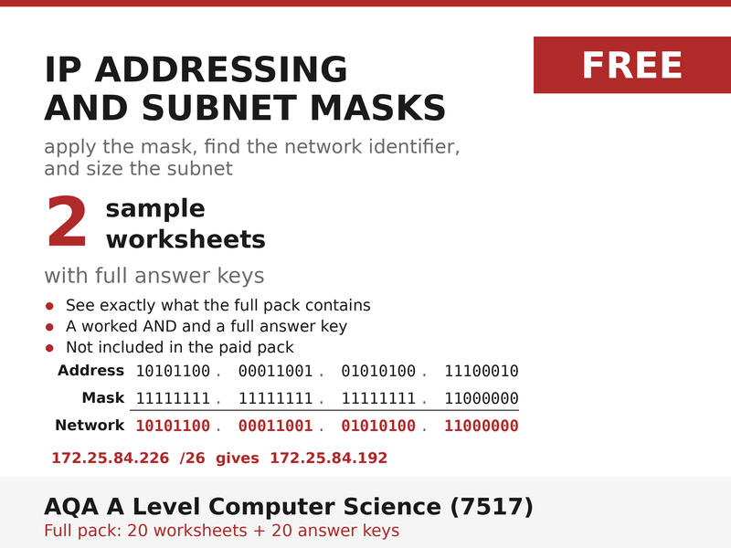FREE IP Addressing & Subnet Masks Sample | AQA A Level Computer Science 7517 | 2 Worksheets + Answer