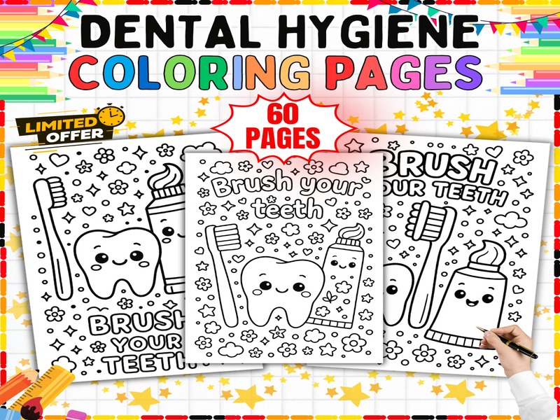 Healthy Teeth Coloring Sheets | 60 Page Coloring Sheets | Tooth Brushing and Smiles