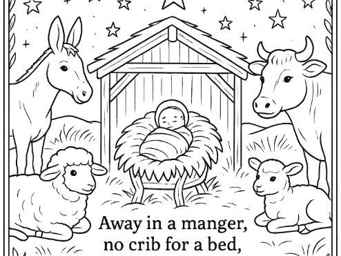 Away in a Manger Christmas Hymn Colouring Page