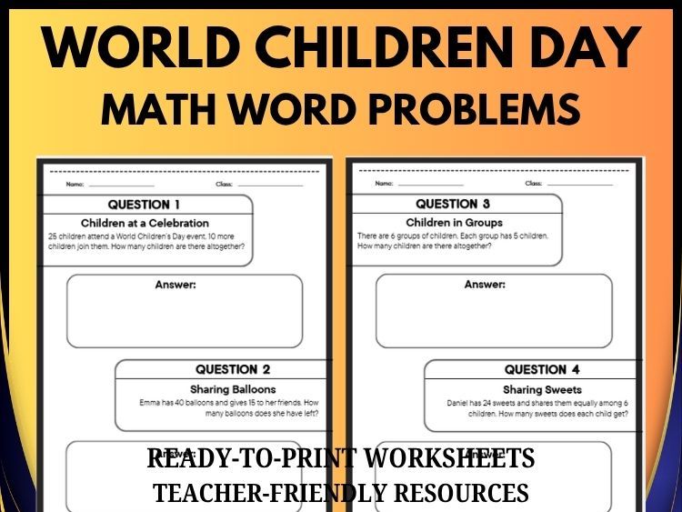 World Children’s Day Math Word Problems | 40 Printable Math Worksheets Grades 2–8