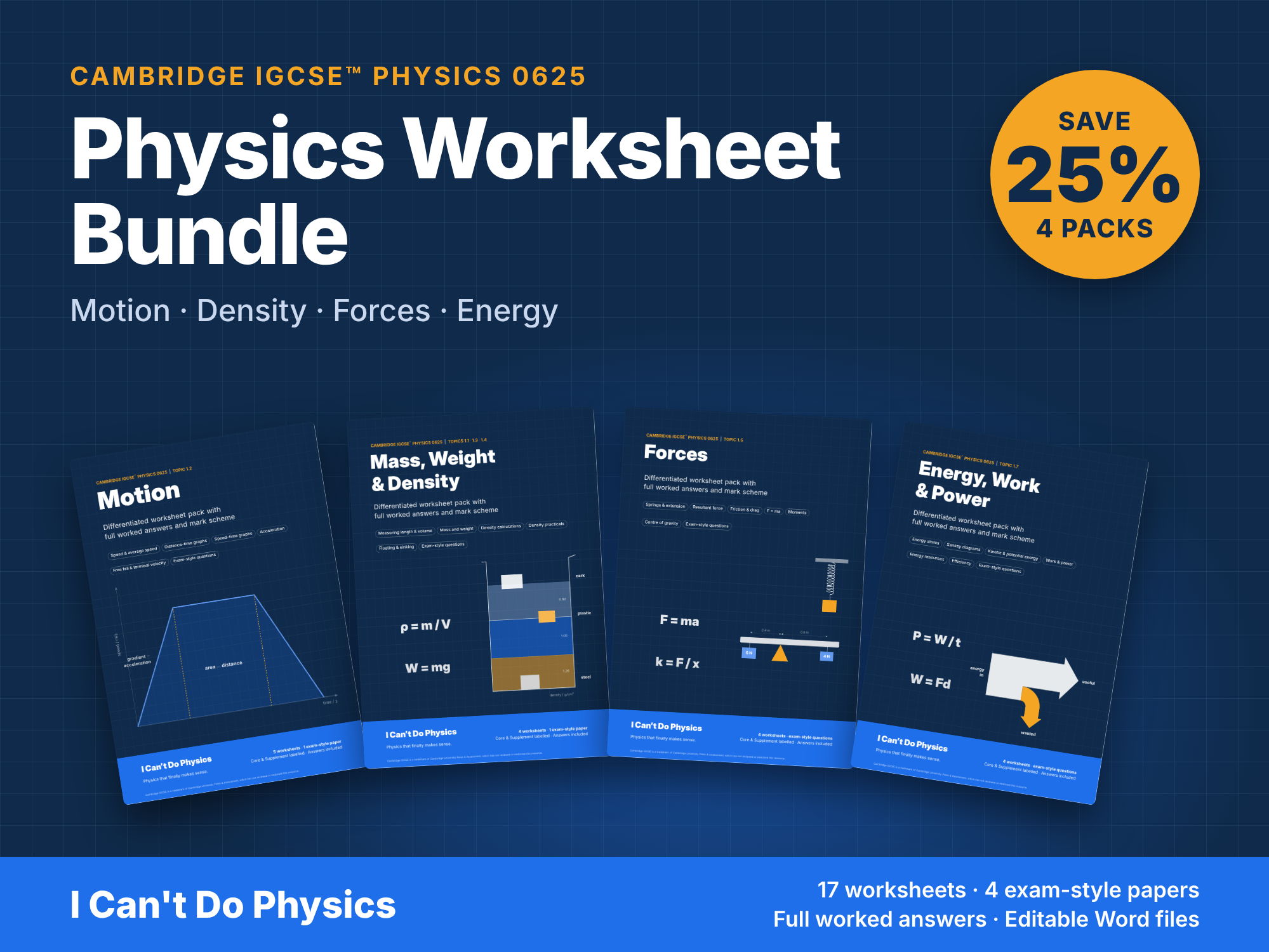 IGCSE Physics 0625 Worksheet Bundle: Motion, Density, Forces, Energy