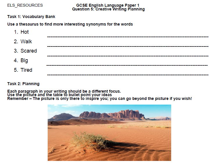 AQA GCSE English Language Paper 1 Question 5 Creative Writing Planning Sheet