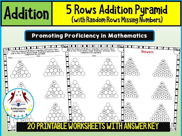 5-Row Addition Pyramid with Random Missing Numbers Worksheets – Practice Activity