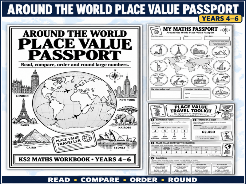 Around the World Place Value Passport | Year 4–6 Maths Worksheets
