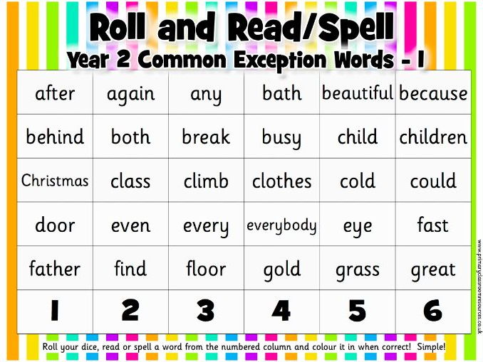 Roll and Read/Spell - Year 2 Common Exception Words