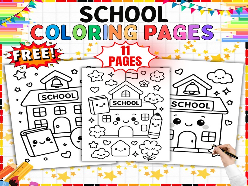 Free School Coloring Pages | 11 Page Coloring Sheets | Schoolhouses and Supplies