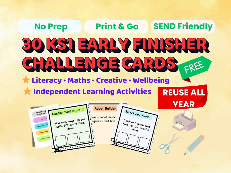 FREE Sample - 30 KS1 Early Finisher Challenge Cards | Literacy & Maths Morning Work