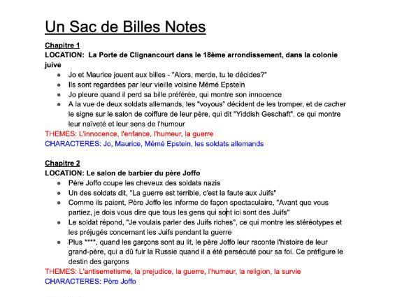 Un Sac de Billes - French A Level - Notes and Summary
